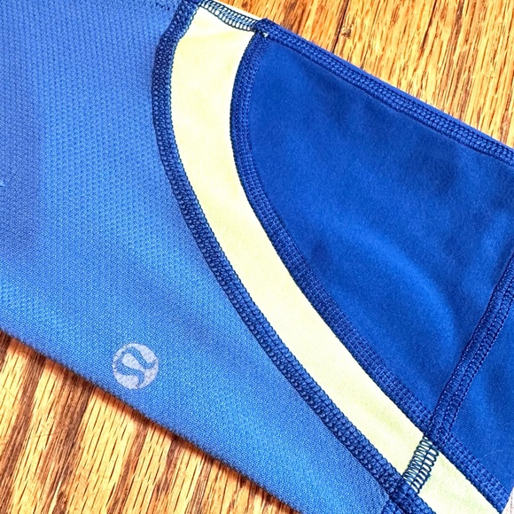 LULULEMON RUN INSPIRE BLUE W/YELLOW STRIPED WAIST BAND& HEM CROPPED LEGGINGS-S6 - Picture 12 of 14